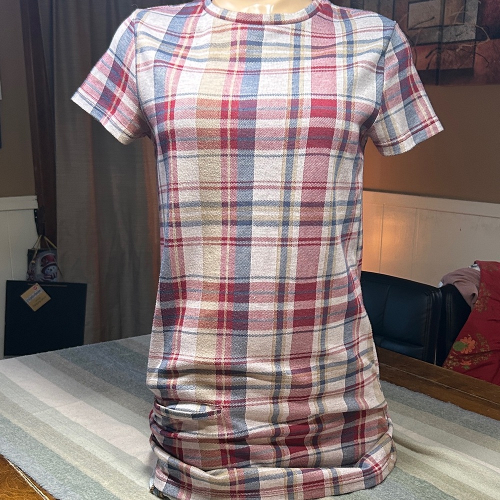 Zara  Trafaluc Short-Sleeve Plaid Mini Dress in Red, Blue, Cream- Small